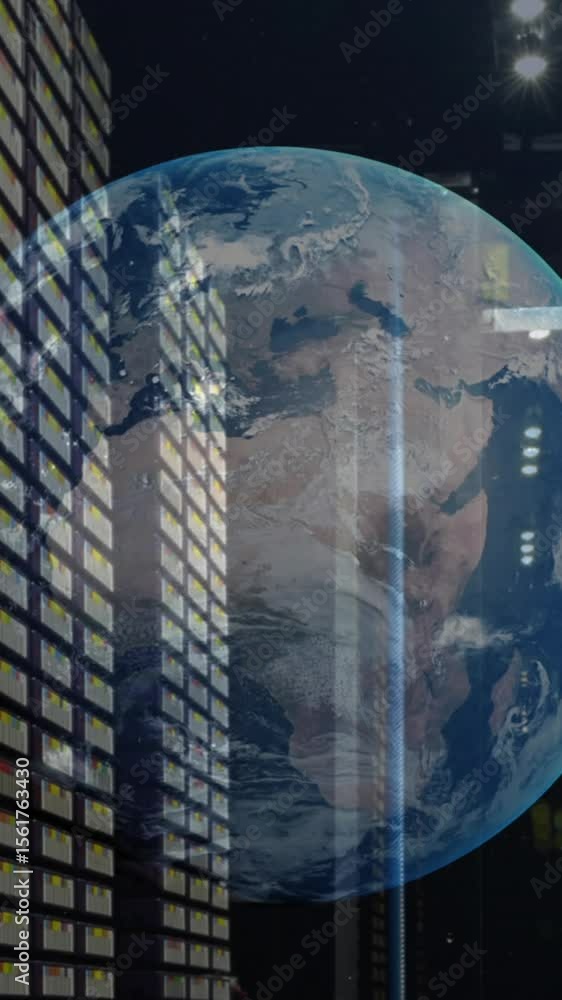Aufkleber animation of a globe against computer server room