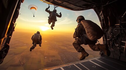 Footage of soldiers opening their parachutes as they jump from a helicopter 