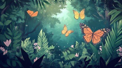 Spring forest with butterflies fluttering among plants