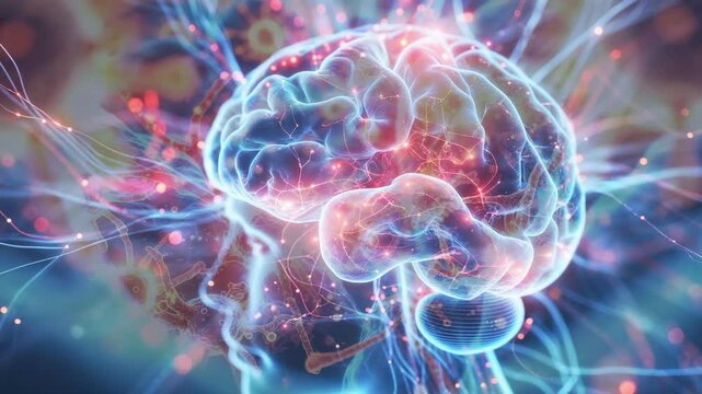 Translucent brain pulsing synaptic nodes sparking in digital rendering, glowing neural pathways