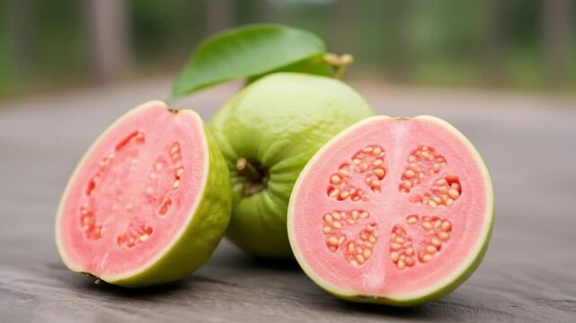 Fresh guava fruit, whole and sliced, displaying vibrant pink flesh, on a wooden surface.