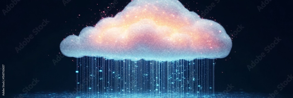 Poster abstract representation of cloud technology with digital data transfer and network solutions online