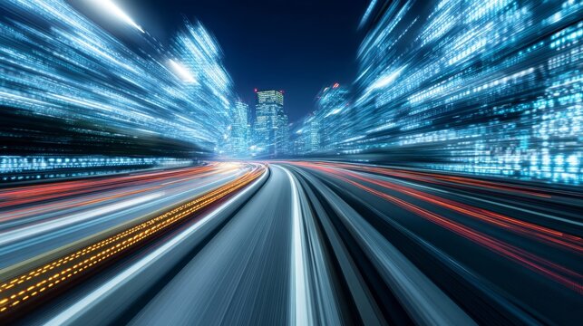 Fototapeta High-Speed Data Stream Over Urban Road Motion Blur Highlights Rapid Connection and Digitalization