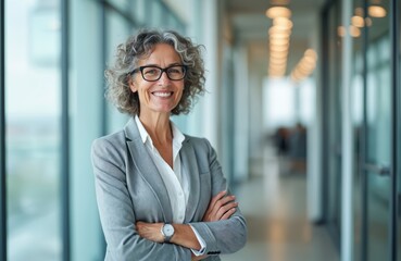 Confident smiling middle aged senior businesswoman in office. Mature lady leader in eyeglasses with crossed arms looking camera. Professional female executive, corporate manager.
