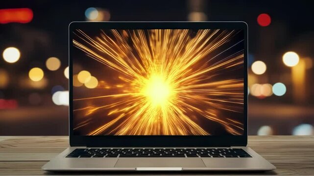 A laptop displays an abstract light pattern on a wooden table with a blurred city background