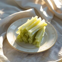 Pickled radish sticks on porcelain snack plate