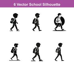 Silhouette of a schoolboy walking with a backpack looking up,Three students walking with backpacks in black and white vector illustration