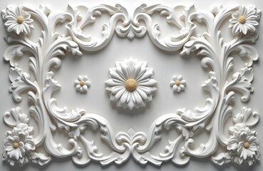 Ornate white wall decor with flowers and leaves. Floral design with detailed decorative elements. Seamless pattern background for interior design, art projects, print, web design.