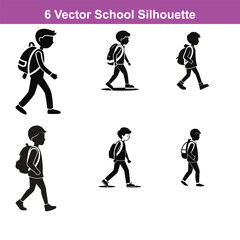 Silhouette of a schoolboy walking with a backpack looking up,Three students walking with backpacks in black and white vector illustration