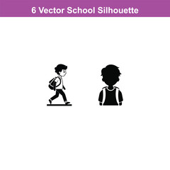 Silhouette of a schoolboy walking with a backpack looking up,Three students walking with backpacks in black and white vector illustration