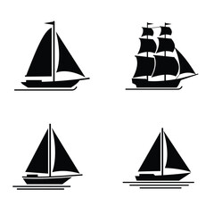 Sailing boat and sailboat silhouette logo set, black isolated vector icons, minimal and clean style, perfect for nautical themes, sea travel, or marine branding. 