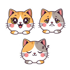 Kawaii-style vector cat pack, showing cute cat expressions (happy, sad, sleepy), big eyes, pink cheeks, flat cartoon vector style, clean white background, high resolution.