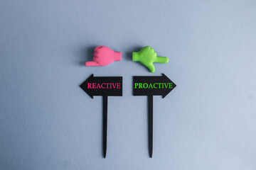 Reactive or proactive symbol. BLACK ARROW-SHAPED PLAQUES WITH THE WORDS Reactive or proactive ....