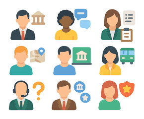 Public Service Roles Icons. Flat icon set of public service roles: city council member, community liaison,
