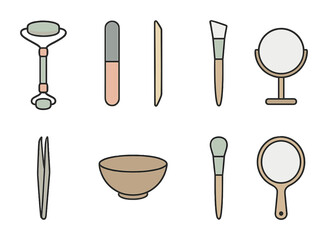 DIY Spa Tools. Flat icon set of DIY spa tools: jade roller, nail file, cuticle stick, pumice stone, mixing