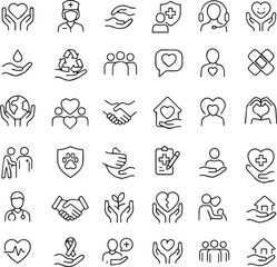 Care & Support Line Icons – Medical, Emotional Help, Charity & Community Set