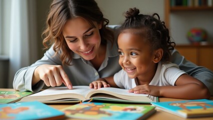 Niño y psicopedagoga sentados juntos, trabajando la comprensión lectora con libros de cuentos ilustrados y un suave estímulo