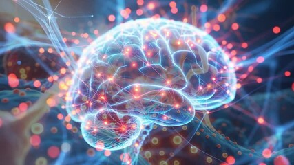 Emerging brain model pulsing red and orange signals through neural network with floating bokeh - Powered by Adobe