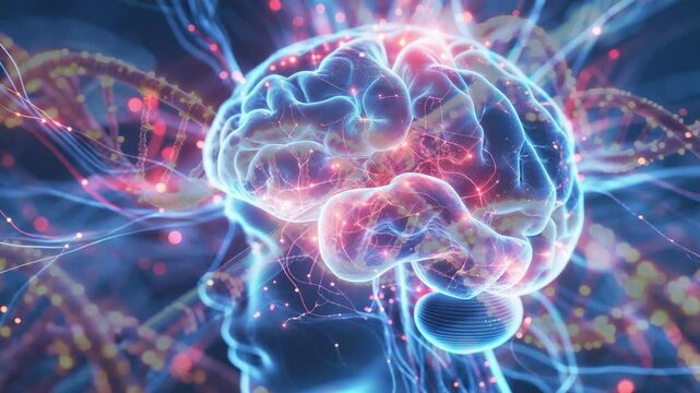Starting translucent silhouette showing pulsing 3D brain and rotating DNA helix in neural space - Powered by Adobe