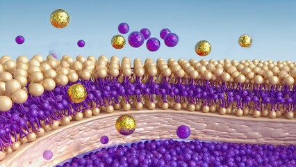 An illustration of a cell membrane with various molecules, including golden and purple spheres, interacting with the lipid bilayer structure.