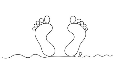 Bare feet with heart and infinity sign drawn in one continuous line. Female footprint in a simple linear style. Foot Massage. Concept of love and cosmetic foot care. Vector editable illustration