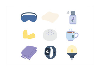 Restful Sleep Icons. Flat icon set of restful sleep essentials: eye mask, memory foam pillow, lavender spray,