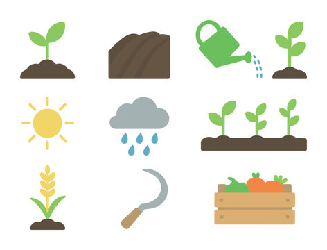 Crop Growth Icons. Flat icon set of crop growing cycle: seedling, plowed soil, watering can, sunshine,