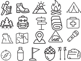 Fototapeta premium Collection of outdoor adventure and camping icons with a clean line art style