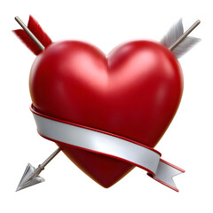 Red heart pierced by arrow with ribbon isolated on transparent background