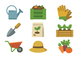 Community Garden Icons. Flat icon set of community garden volunteering: watering can, compost bin, garden