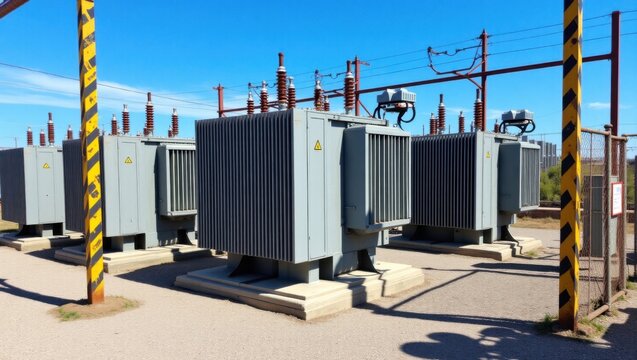 M&uacute;ltiples transformadores el&eacute;ctricos instalados al aire libre en una subestaci&oacute;n el&eacute;ctrica, con envolventes met&aacute;licas