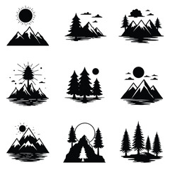 Line nature landscape icon set featuring forest trees, mountains, sea islands, volcanoes, deserts — minimal outline vector style, black and white, clean design for outdoor adventure themes.

