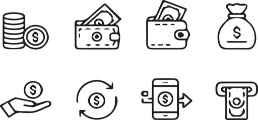Money and Finance Line Icons Set  png vector - Currency, Wallet, Payment, and Transaction Symbols

