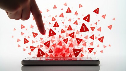 Íconos de advertencia rojos superpuestos en la pantalla de un móvil, que simbolizan urgencia, confusión y comunicación digital fracturada