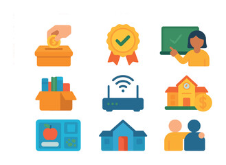 Education Equity Icons. Flat icon set of education equity efforts: donation box, scholarship badge, volunteer
