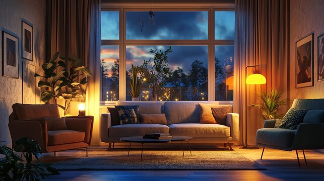 Interior of living room with sofa, armchair, table and glowing lamps in evening 