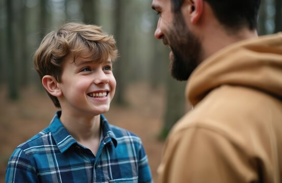 Smiling teenage boy talks with his father outdoor. Father and son enjoy quality time together, communicate with smiles and laughter, forest background adds natural vibe.