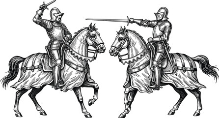 Woodcut illustration of fighting knights, horsemen. Vintage grunge vector design element for artworks, poster, cards, web and collages.