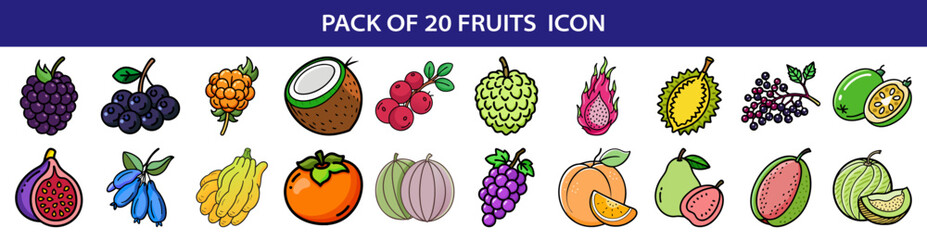 Collection of Twenty Unique and Colorful Fruit Icons in a Whimsical Style