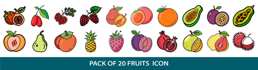 Vibrant Cartoon Illustration Featuring Twenty Different Varieties of Colorful Fruits