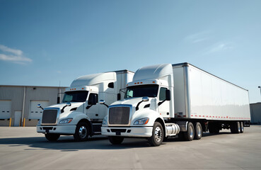 Two white semi-trucks with box trailers parked on warehouse parking lot under blue sky. Trucking industry logistics concept. Transportation, cargo delivery. Transport trucks ready to go. Medium-duty