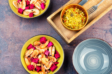 Prawns shrimps roasted with dragon fruit.