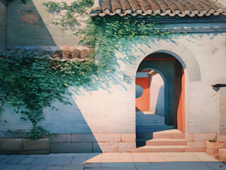 Chinese watercolor brush painting of a traditional Chinese brick wall with an arched entryway.