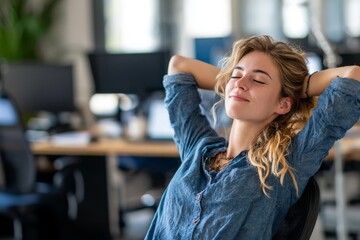 Young business blond woman at work relaxed having a break.