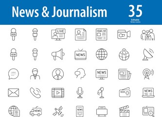 News and Journalism Line Icons, Newspaper, Breaking News, Microphone, News Anchor, Press, News App, Live Report, and More, Editable Formats: AI, EPS, JPG, PNG, Ideal for Both Digital and Print Use
