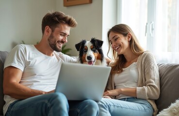 Young couple with Australian Shepherd dog at home using laptop. Man woman, dog, all happy smiling. Caucasian people sitting on sofa. Pet and technology, online, leisure, together. Weekend fun indoors.