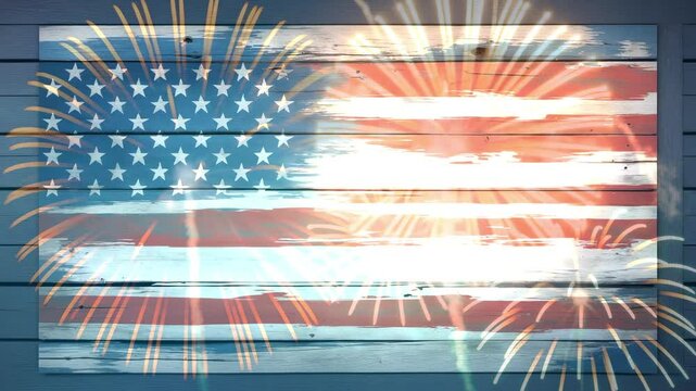 Igniting golden orange white fireworks layering flares over painted US flag on wood plank
