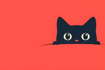 Fototapeta premium Illustration of a black cartoon cat with round eyes peeking out from under a blanket-like shadow on a bright red surface, ears and eyes appearing full on a blank red background
