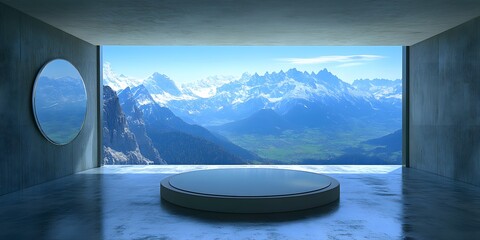 Fototapeta premium Stunning Mountain View Minimalist Room with Circular Platform