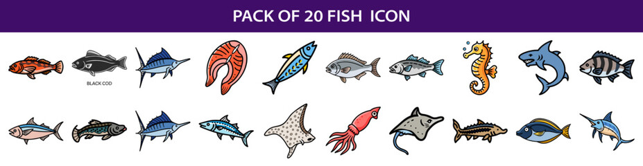 Various Fish Icon Pack of Twenty Underwater Creatures and Fish Types